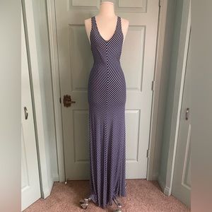 pinstripe maxi dress in super stretchy poly blend with crisscross back